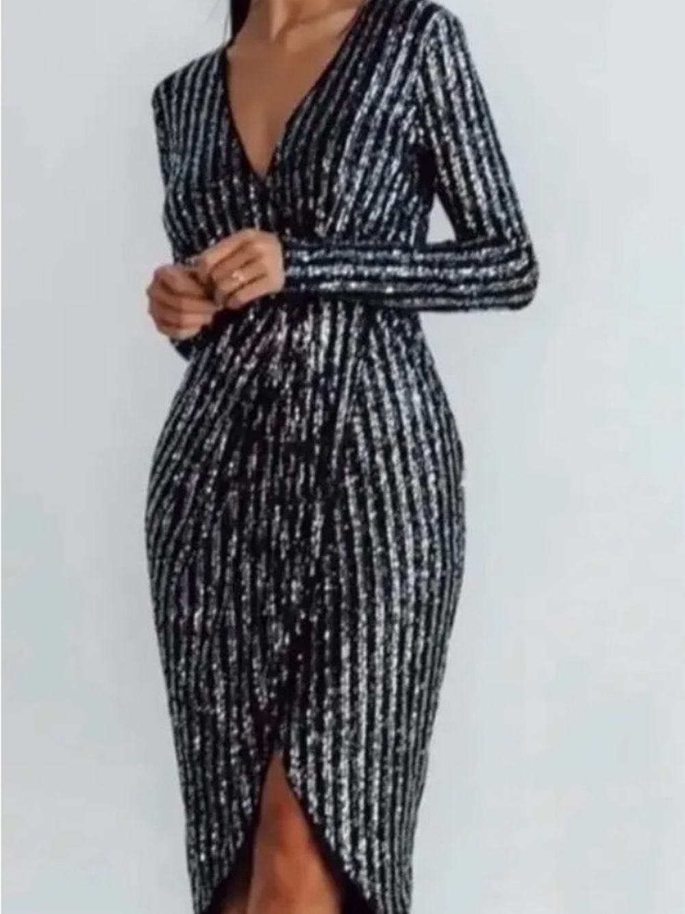 Baltic Born Black Sequin Wrap Dress with Silver Stripes